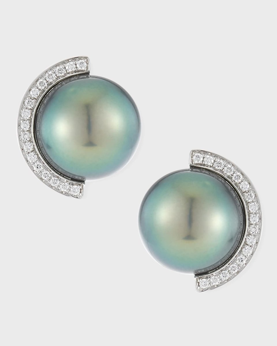 18k Diamond Half-Halo Pearl Stud Earrings